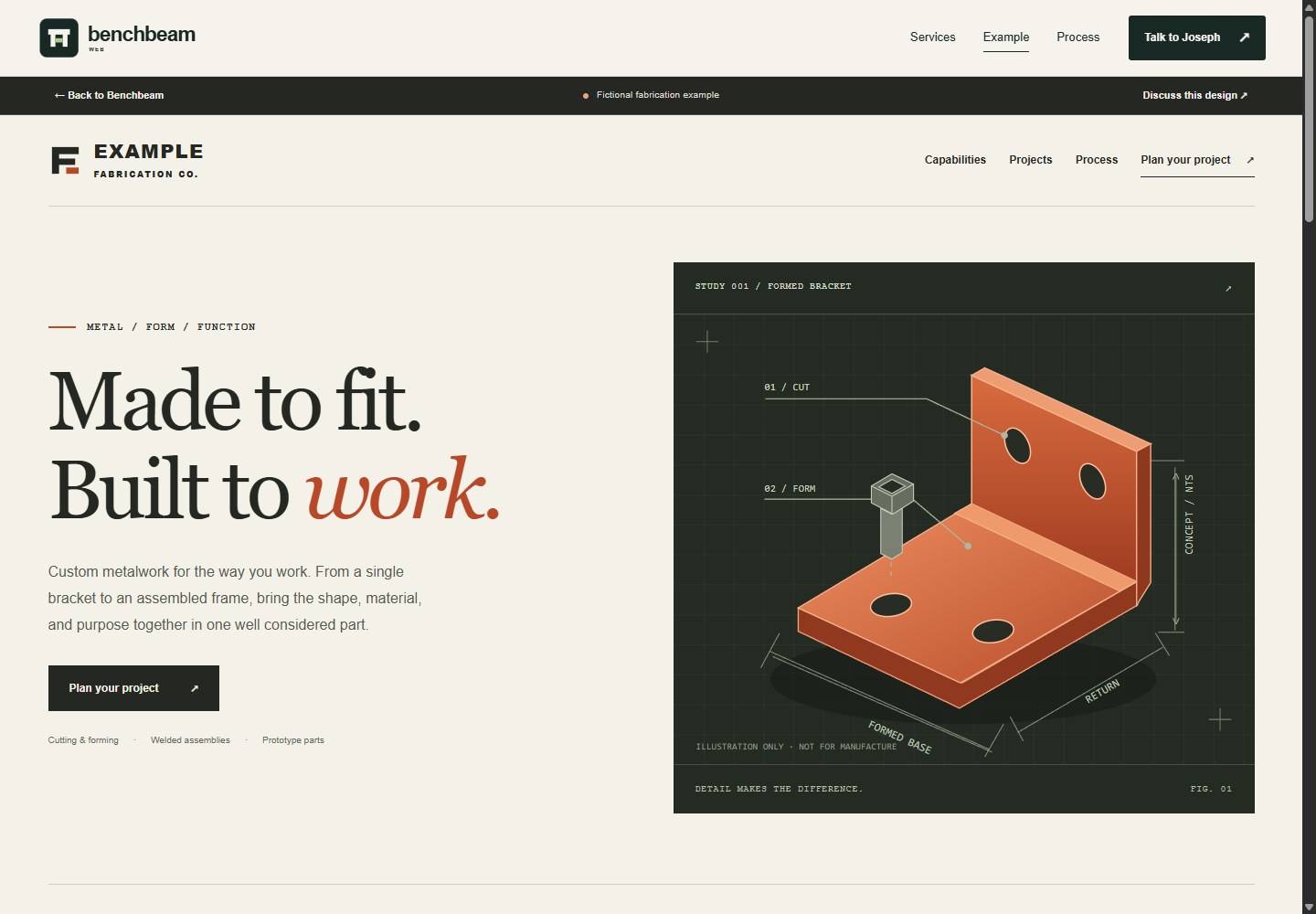Desktop view of Benchbeam's fabrication website example