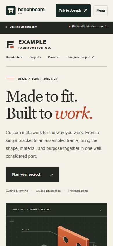 Mobile view of Benchbeam's fabrication website example